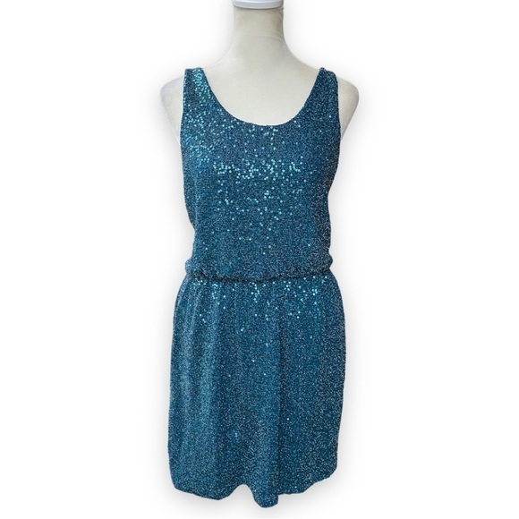 𝅺EXPRESS Teal Sequin Low Surplice Back Cocktail Mini Dress - Picture 2 of 14